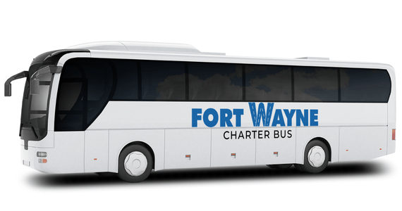 a plain white charter bus with a Fort Wayne charter bus rentals logo on it